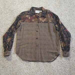 Vintage On The Verge Shirt Womens Medium Brown Plaid Floral Button Up USA